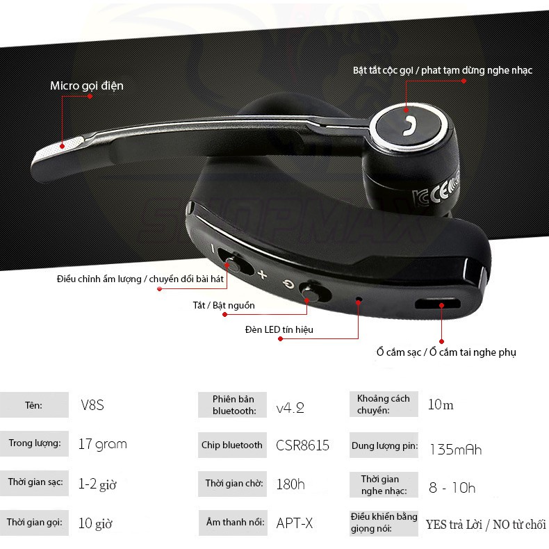 Tai Nghe Bluetooth V8 Nhét Tai Không Dây Chống Ồn Tự Động Đàm Thoại Nghe Nhạc Hay tặng kèm tai nghe phụ -dc2519