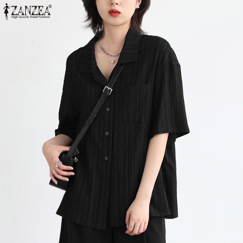 Áo sơ mi ZANZEA cổ bẻ ngắn tay có túi trước thời trang cho nữ