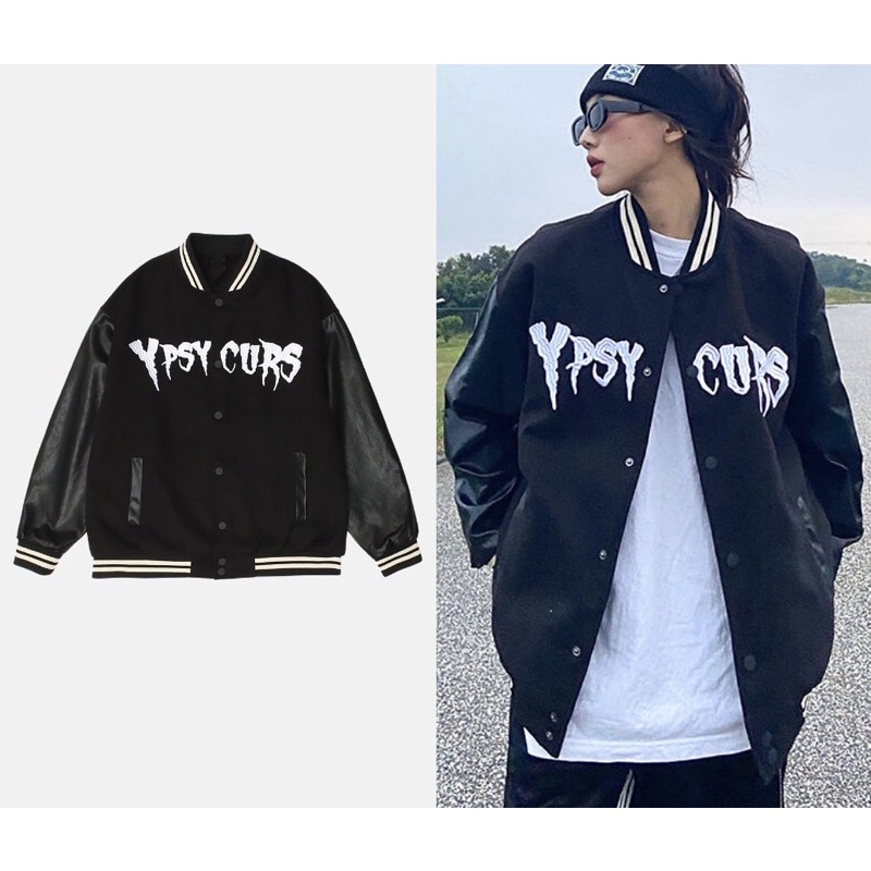 Áo khoác bomber tay da from rộng unisex chữ thêu style ulzzang (YPSY CURS)