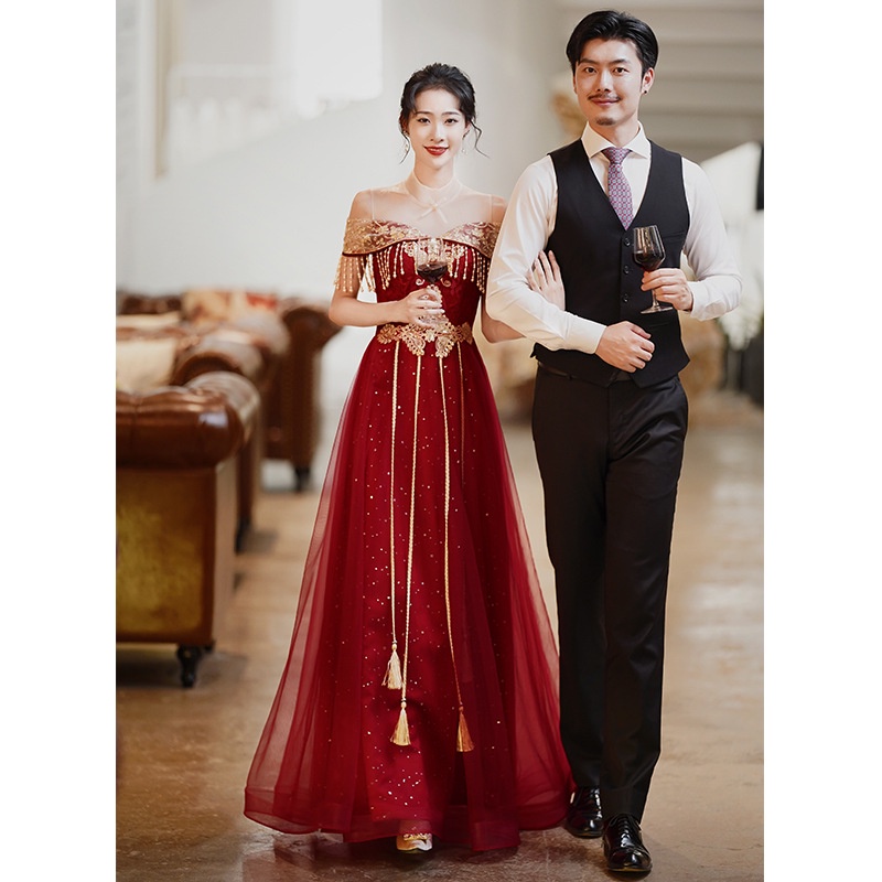 Đầm Dự Tiệc Dáng Dài Màu Đỏ Phong Cách Trung Hoa Mới