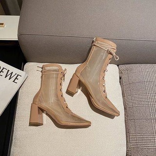 (Order) Giày boot da đan dây mũi vuông đế cao 7cm style Hàn Quốc