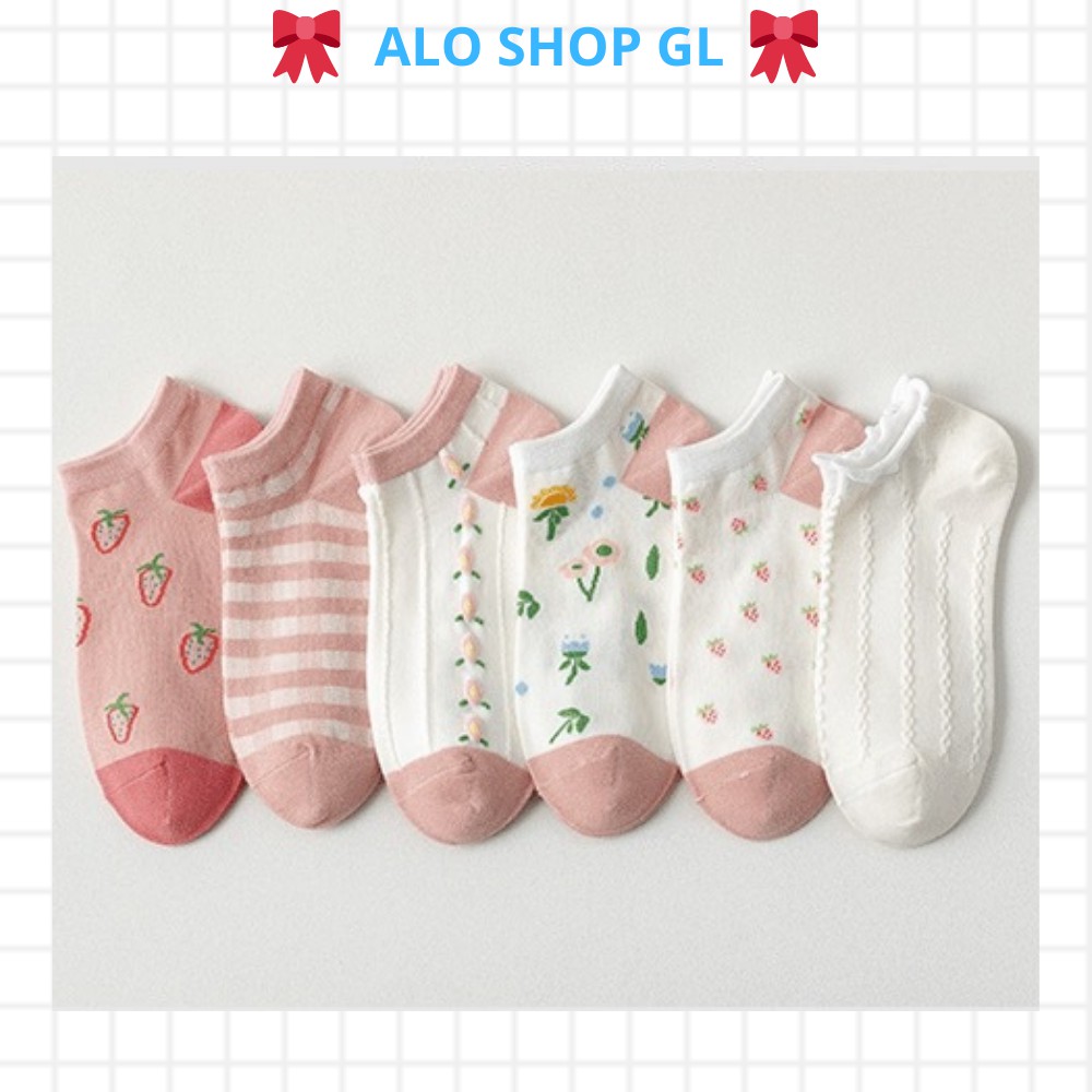 Set 5 đôi vớ nữ tất nữ cổ ngắn phong cách style Hàn Quốc tuổi teen cổ thấp họa tiết xinh xắn dễ thương màu hồng trắng M1
