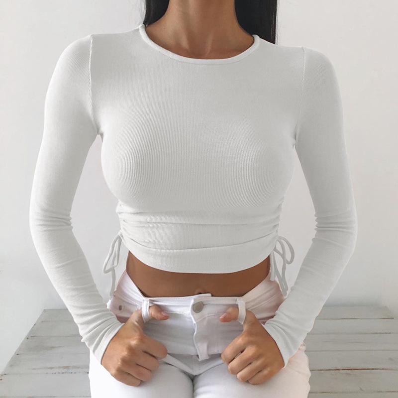 Áo croptop TODOBLACK dệt kim tay dài cổ tròn thiết kế dây rút độc đáo thời trang mùa thu quyến rũ cho nữ