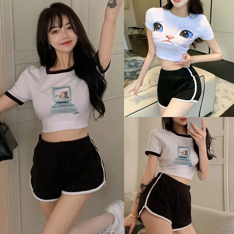 Women's Korean Print Slim Crop Tops+High Waist Shorts Two-piece Suit Casual Sports Hot Pants 2PCS Set
