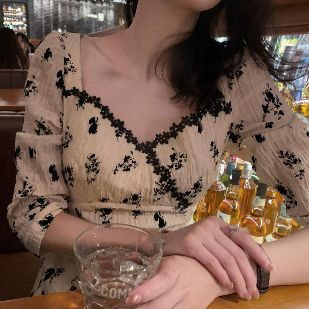 Đầm midi  tay 3/4 thêu hoa thời trang mùa hè thanh lịch cho nữ 2022