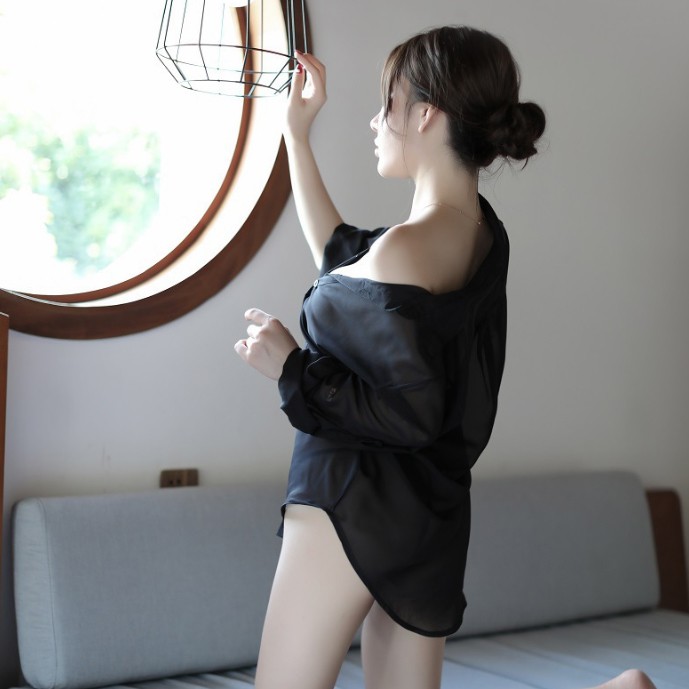 [Che tên] Áo ngủ sơ mi from dài gợi cảm - Màu đen