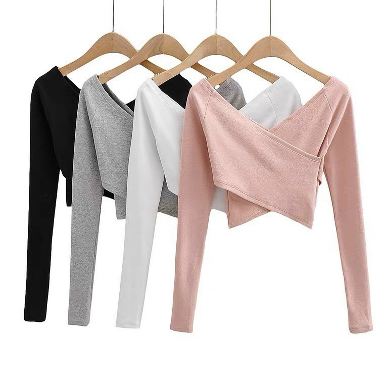 Áo trễ vai croptop ôm dáng cho nữ - áo croptop tay dài đắp chéo chất thun gân tăm dày mịn A019
