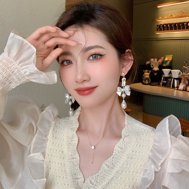 Bông Tai Mạ Bạc 925 Hình Nơ Đính Kim Cương Giả Phong Cách Hàn Quốc