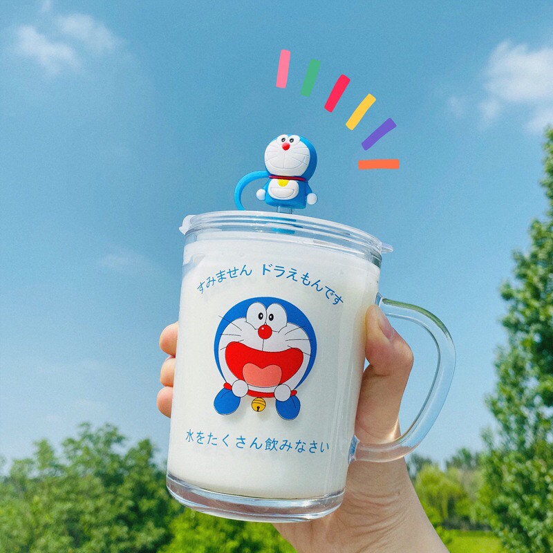 Cốc pha sữa Doraemon cốc thuỷ tinh Doraemon có chia vạch
