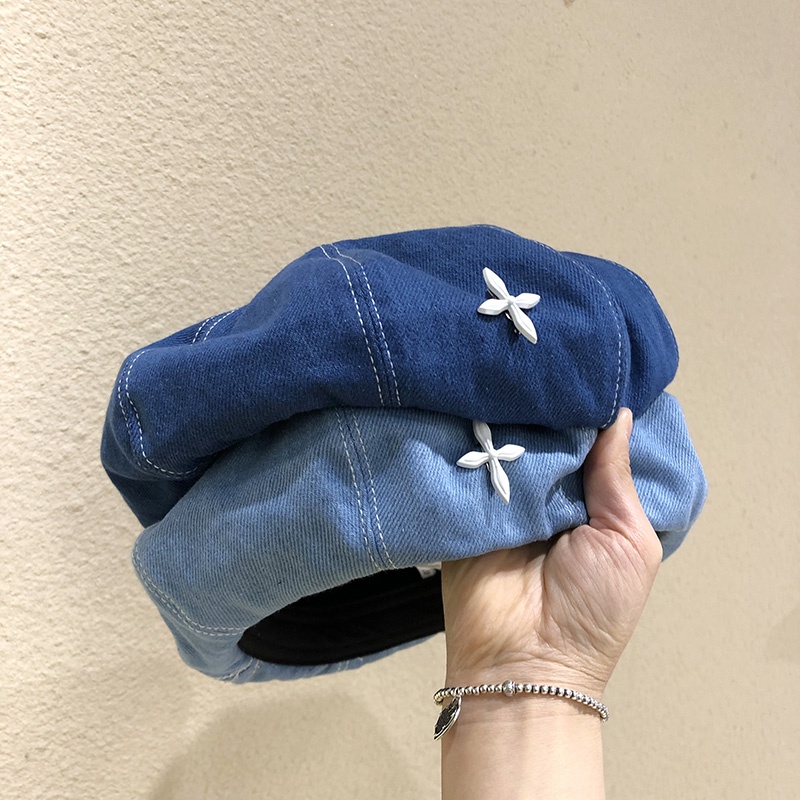 Nón Beret Denim Đính Nhãn Kim Loại Kiểu Họa Sĩ Thời Trang Hàn Quốc Dễ Phối Đồ