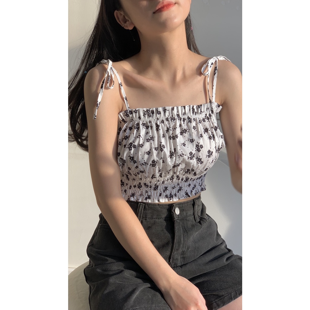 Áo hai dây nữ dáng ngắn nơ vai vải hoa mềm siêu xinh TKA330 LOLLIE STUDIO