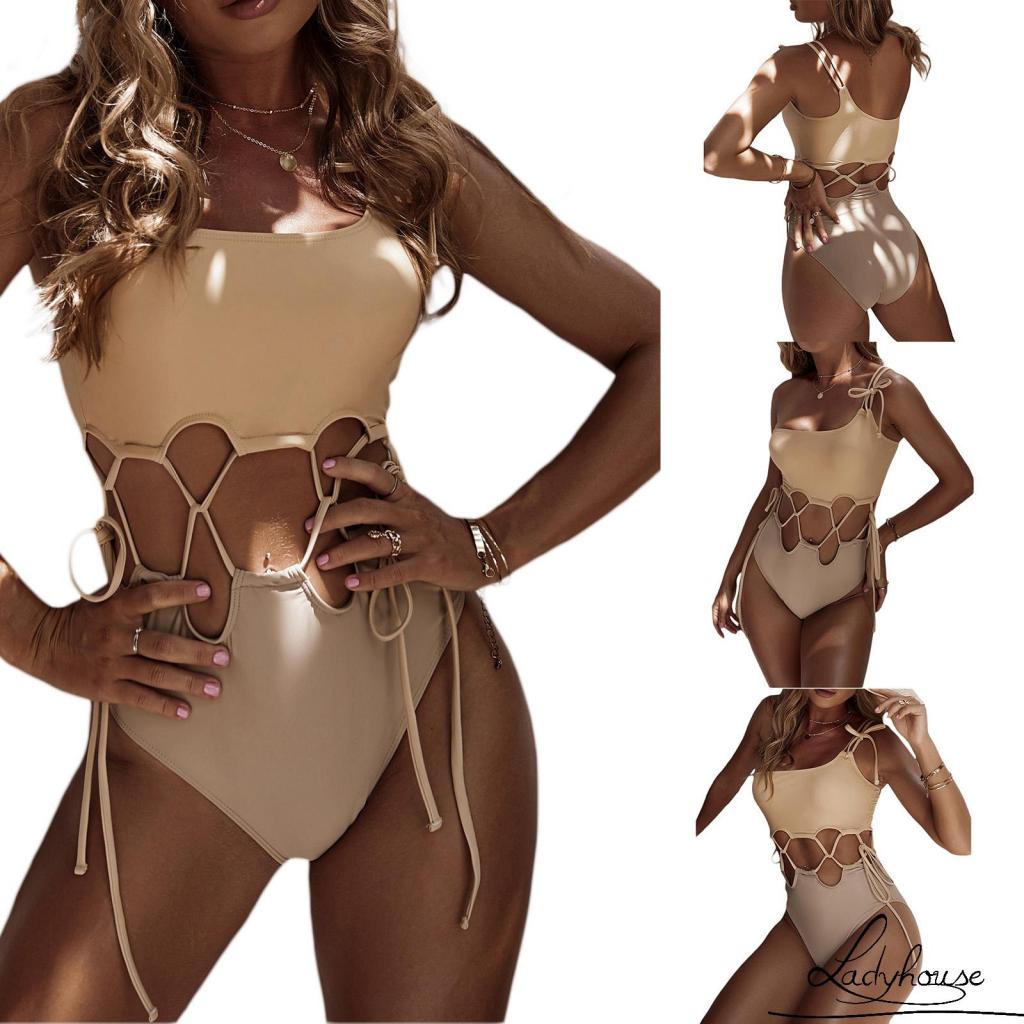 LD-Women One-shoulder Swimwear, Beige Patchwork Hollow Out Tie-up One-piece Bathing Suit, S/ M/ L