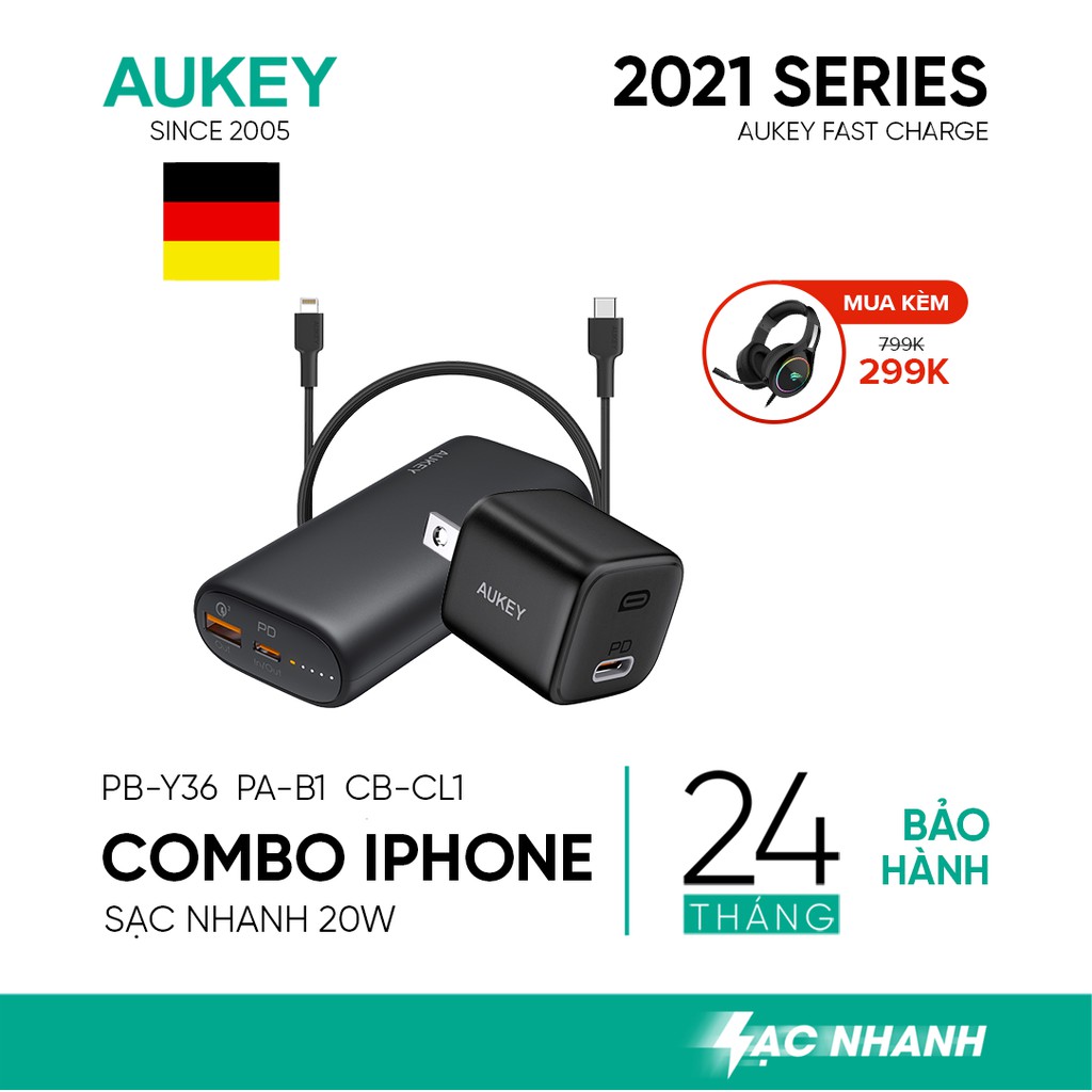 Combo Sạc Nhanh 20W iPhone AUKEY | Cốc Sạc 20W PA-B1, Cáp C-Lighnting 20W CB-CL1, Pin 10000mAh PD + QC3 PB-Y36