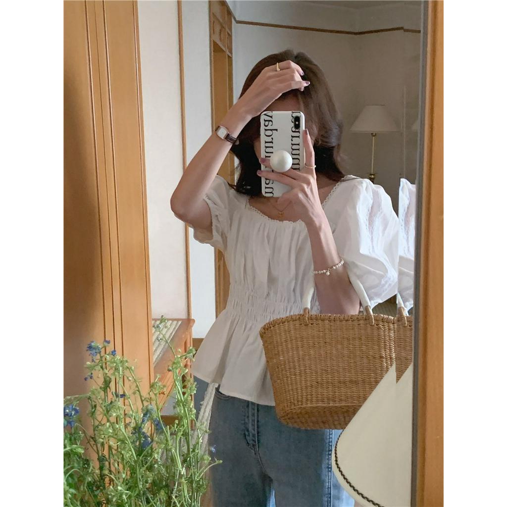 Áo Kiểu Tay Ngắn Cổ Vuông Phối Ren Ôm Eo 51580