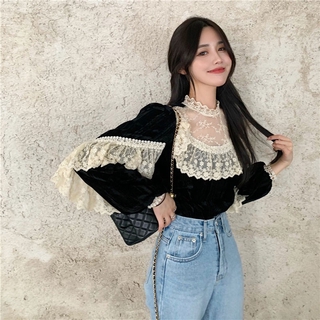 Áo Sơ Mi Nhung Phối Ren Kiểu Vintage Thời Trang 2020