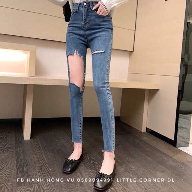 Quần jeans rách ô lưng cao co giãn ♥️FREESHIP♥️ Quần legging jean ôm cạp cao rách was ulzzang quảng châu kèm ảnh thật