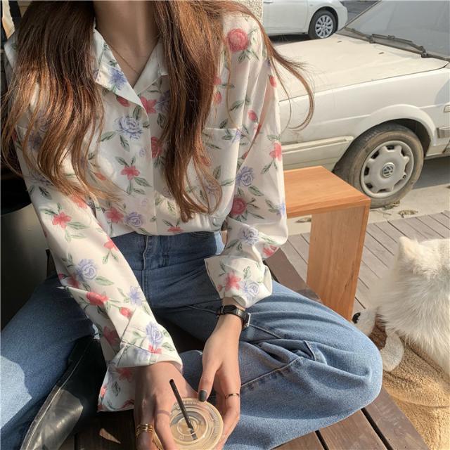 Áo sơ mi voan hoa tay dài dáng rộng xinh xắn thời trang retro cho nữ