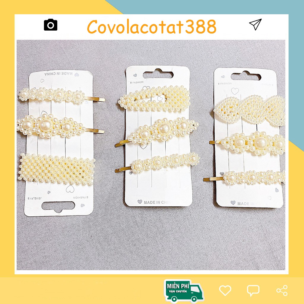 FREESHIP XTRA Set kẹp tóc nữ 3 món đính Ngọc nhân tạo phong cách thời trang Hàn Quốc cao cấp