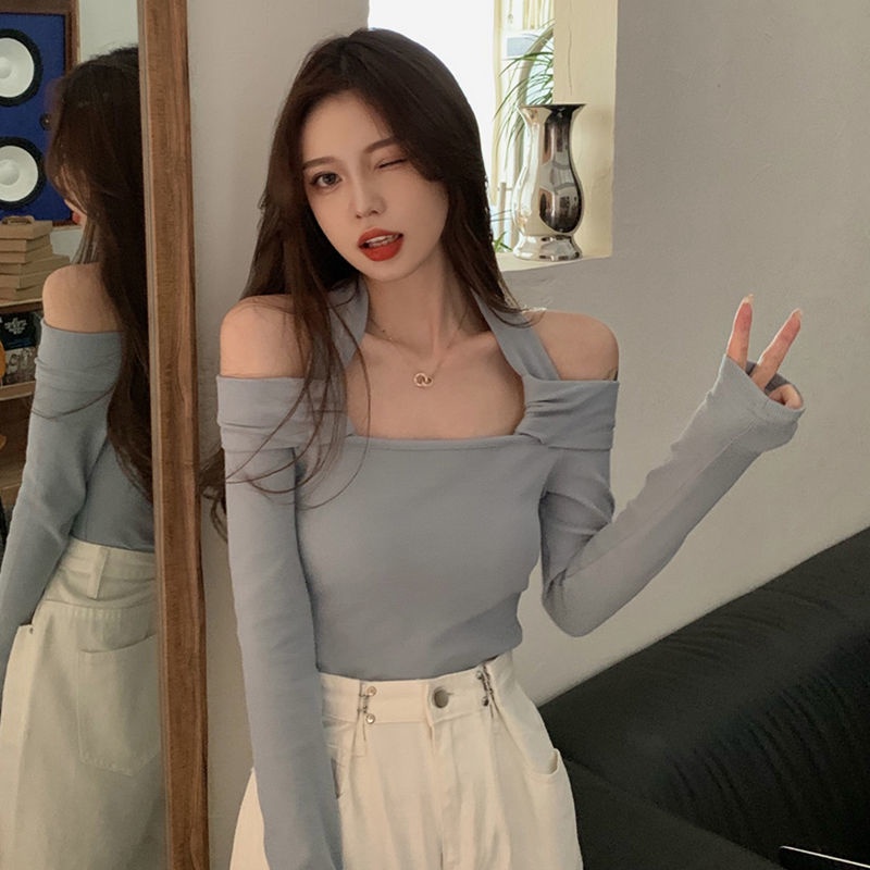 Áo thun COZOK tay dài cổ treo dáng ôm gợi cảm cho nữ