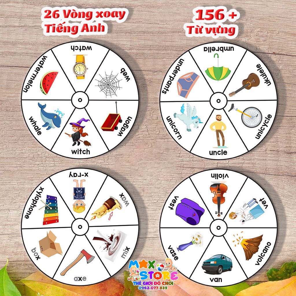 Bộ Flashcard tổng hợp hình tròn xoay 26 bảng chữ cái Tiếng Anh Từ Điển Bằng Hình ( Dành cho trẻ từ 2 -6 tuổi)