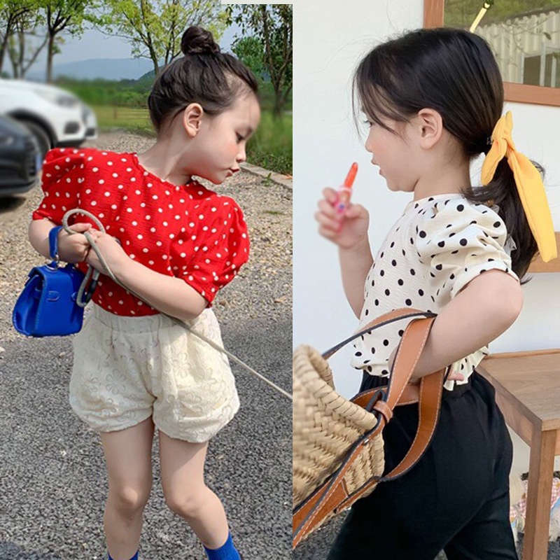 Áo Cổ Tròn Tay Phồng Họa Tiết Chấm Bi Phong Cách Phương Tây Dành Cho Bé Gái