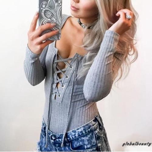 ☛✈ღWomens Bodycon Bodysuit V Neck Long Sleeve Bandage Jumpsuit Romper Leotard Top