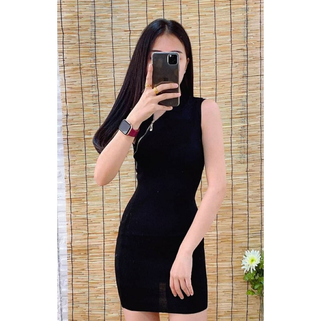 Ro + (Giao Hàng Miễn Phí) Đầm Dệt Kim Phối Khóa Kéo Bên Hông Phong Cách Hàn Quốc Cho Nữ