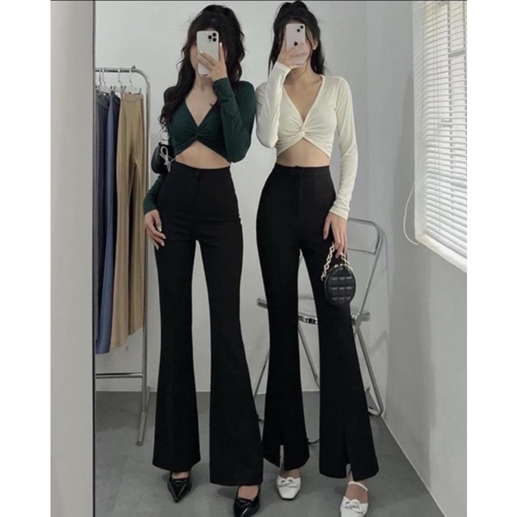 Quần ống loe xẻ tà gấu trước cạp cao tôn dáng màu đen chất vải tuyết mưa Quần tây ống loe lưng cao 1 nút siêu hack dáng