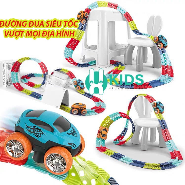 Đồ chơi đường ray tàu lượn siêu tốc không trọng lực vượt mọi địa hình, đường đua ô tô chạy tự động có đèn phát sáng