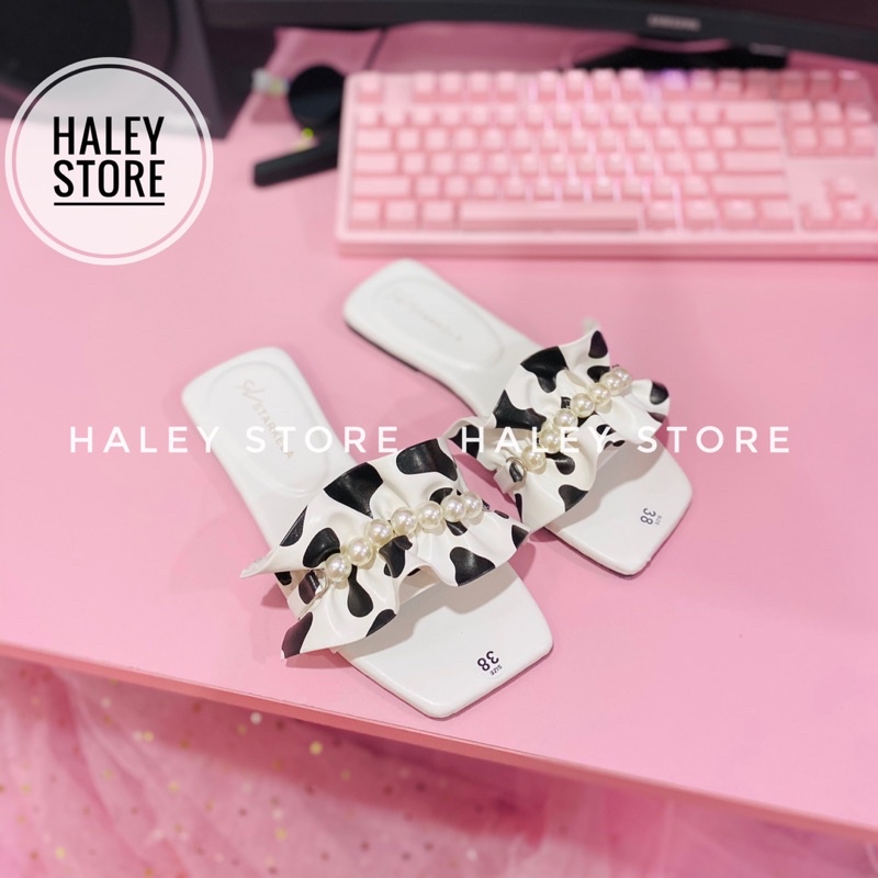 Dép nữ đế bệt nhún nhúm bò sữa đính ngọc hottrend 2021 đi chơi đi học đi biển HALEY STORE