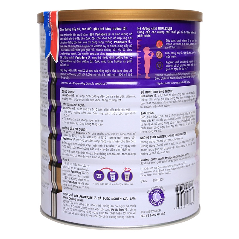 Sữa Bột Abbott Pediasure B/A hương Vani Ít Ngọt Lon 1.6kg