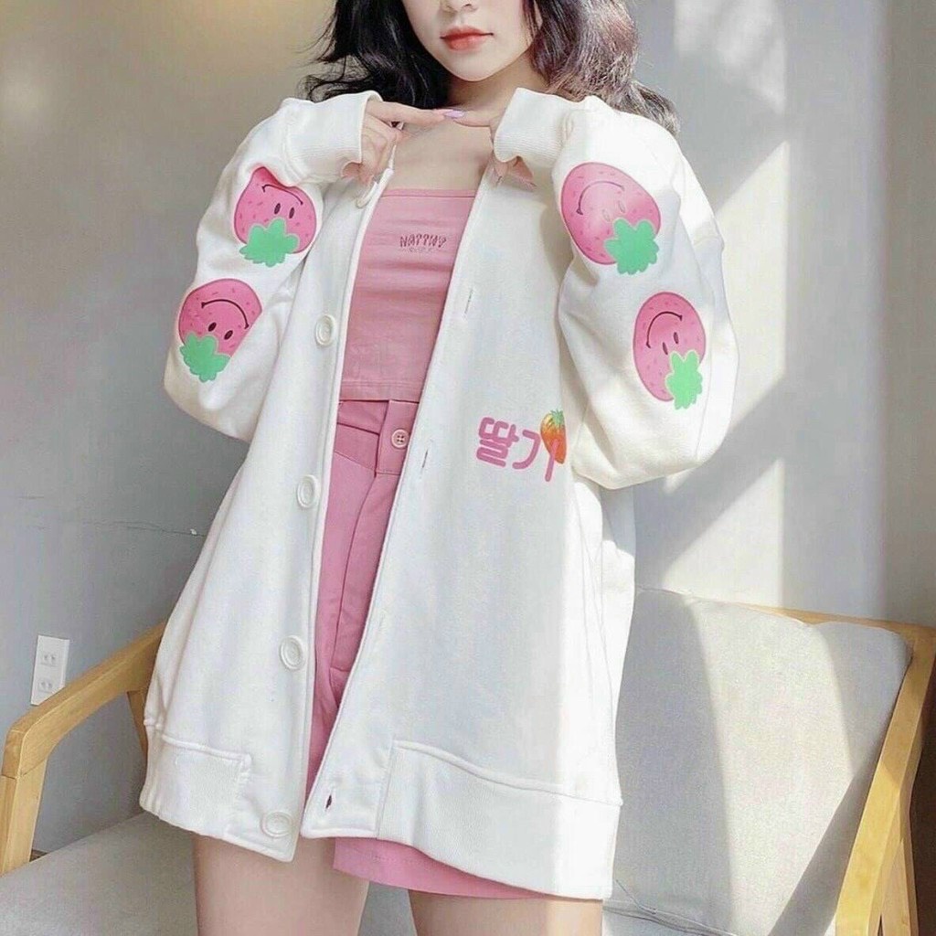 Áo khoác cardigan nữ in trái dâu tây siu dễ thương