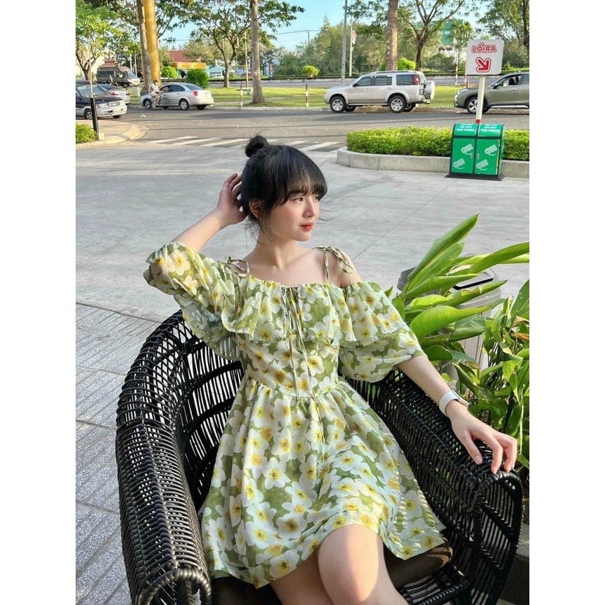 Váy hoa trễ vai viền bèo háck dáng XUKA-DRESS chất Voon xịn xó cao cấp.