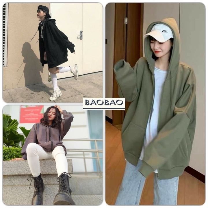Áo Khoác Hoodie Nỉ Unisex BaoBao.Clothing [FREESHIP] 🍄 Jacket form rộng dài tay bồng khóa kéo có mũ Ulzzang 🍄