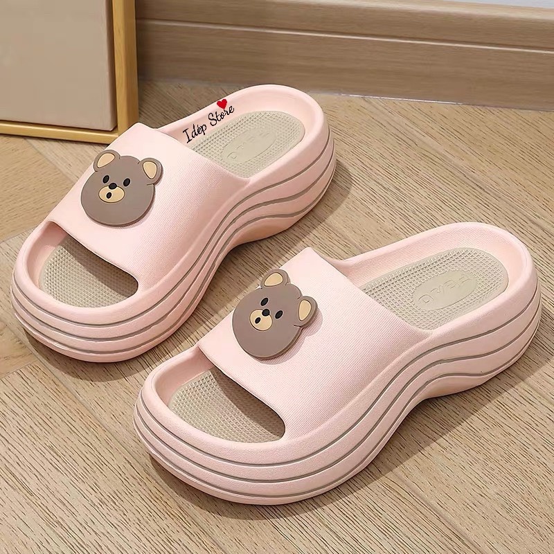 Dép bánh mì hình GẤU đế sọc độn cao 5cm siêu nhẹ - Dép crocs nữ quai ngang Baya chất EVA Maipy D242