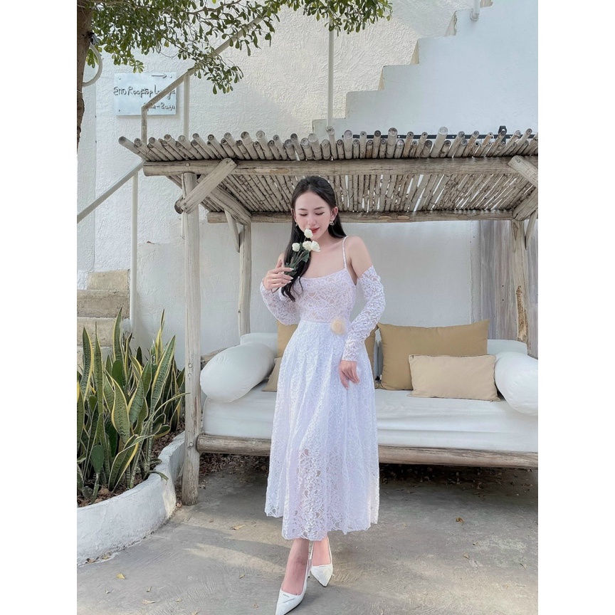 SET ĐẦM REN DỰ TIỆC HAI DÂY KÈM KHOÁC NGOÀI