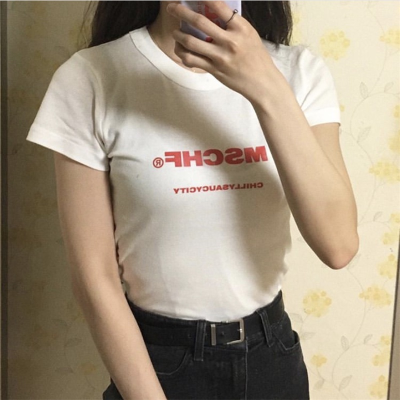 DUNEA Áo Thun Nữ Ngắn Tay In Chữ MSCHF Thời Trang