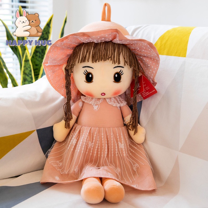 Đồ chơi gấu bông búp bê vải có tóc váy thô mềm 2 lớp size 50/70cm, búp bê nhồi bông đáng yêu cho bé gái - Happy Hug