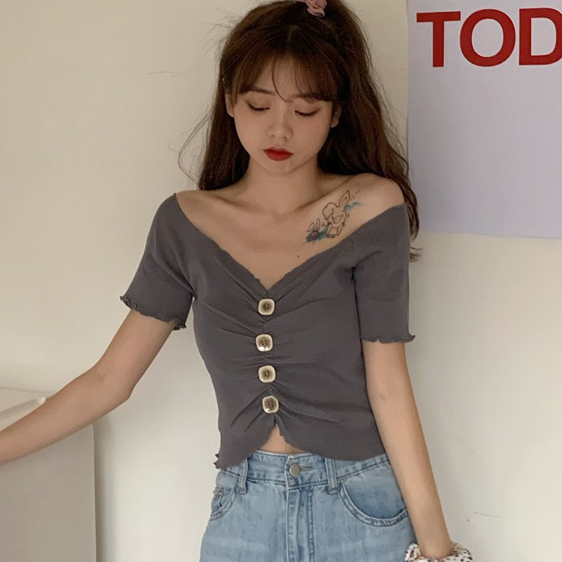 Áo Croptop Dệt Kim Tay Ngắn Màu Trơn Cài Khuy Thời Trang Cho Phụ Nữ