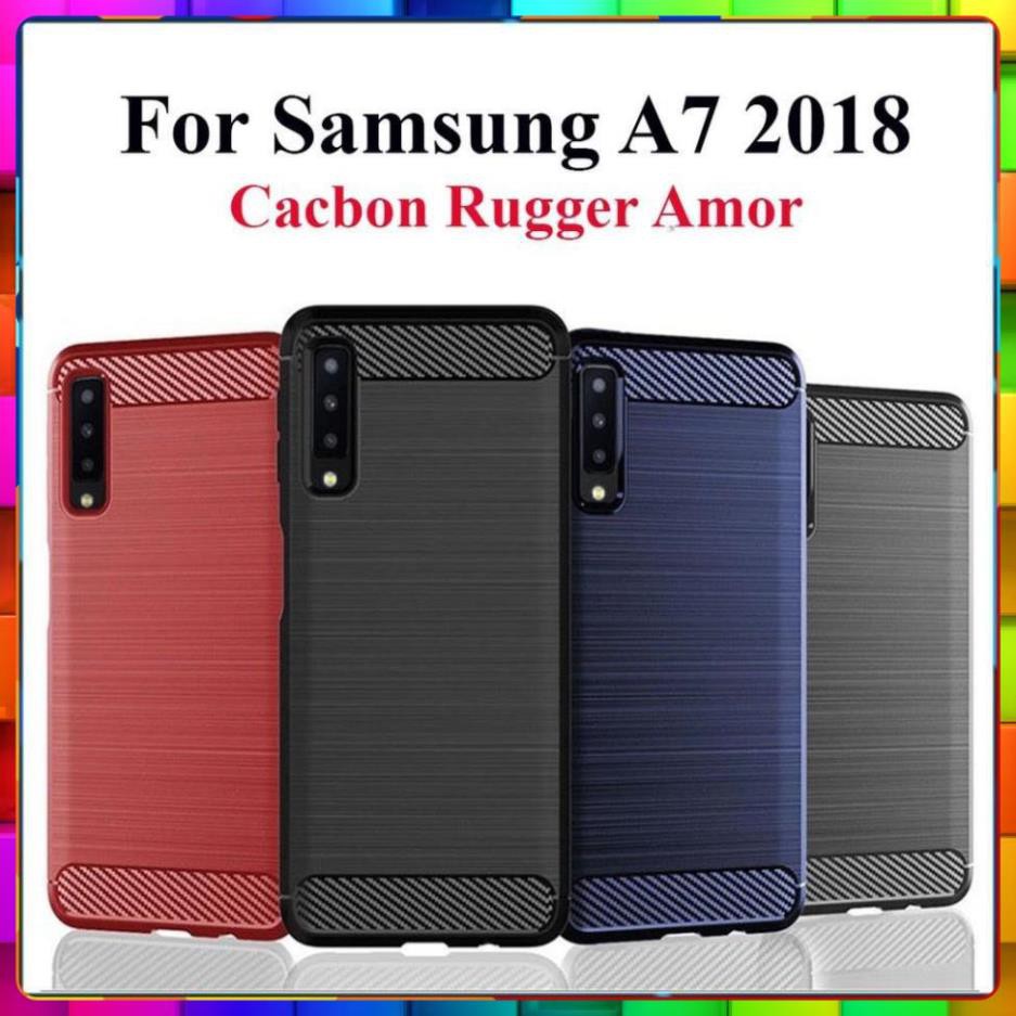 Ốp lưng dẻo Samsung Galaxy A7 2018 vân sợi cacbon chống sốc, chống vân tay Rugger Amor