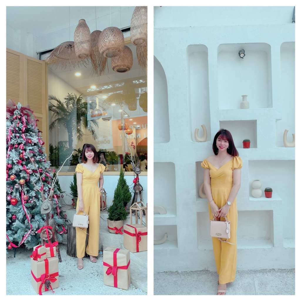 Jumsuit Lệch Vai Tay Phồng Sang Chảnh