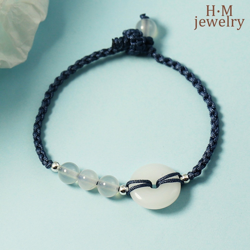 Vòng Tay Dây Bện Đính Hạt Ngọc Bích Màu Xanh Dương Mang Lại May Mắn Ins Hetian