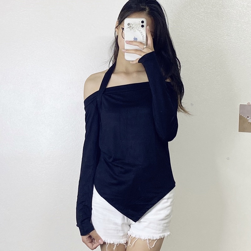 Áo thun dài tay vạt chéo trễ vai chất cotton dẻo(mã 759)_Linhchi.studio