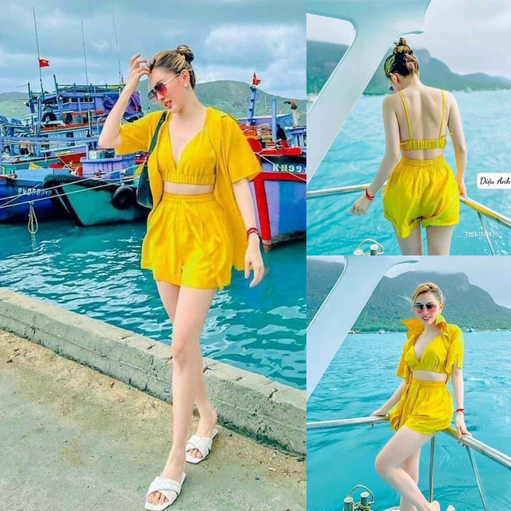 Sét 3 món đi biển áo 2 dây croptop bra phối quần đùi kèm áo khoác cực xinh , chất kate dày dặn