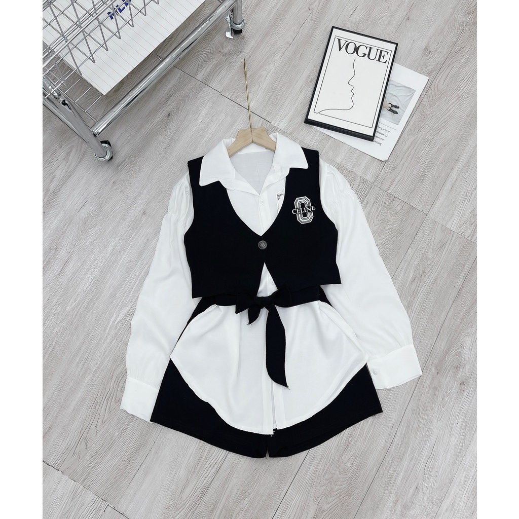 Set 3 Món Sơ Mi Gile Dây Đai Kèm Quần Short, Set Đồ Bộ Nữ Form Rộng, Set Sơ Mi Yếm Mix Quần