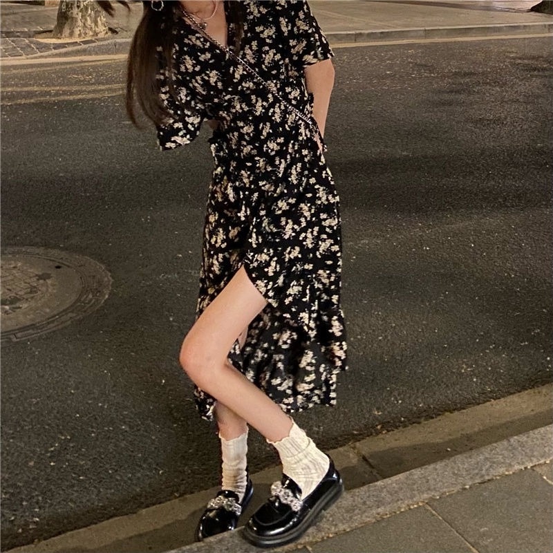 Đầm Tay Ngắn Eo Cao In Họa Tiết Hoa Phong Cách Hàn Quốc Thời Trang Mùa Hè