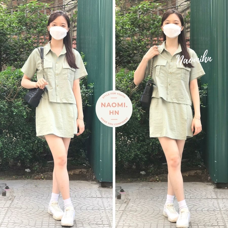 Set đồ nữ sơ mi cộc tay túi ngực form croptop kèm quần giả váy ngắn vạt lệch chất đũi siêu thích. Set basic nhiều màu
