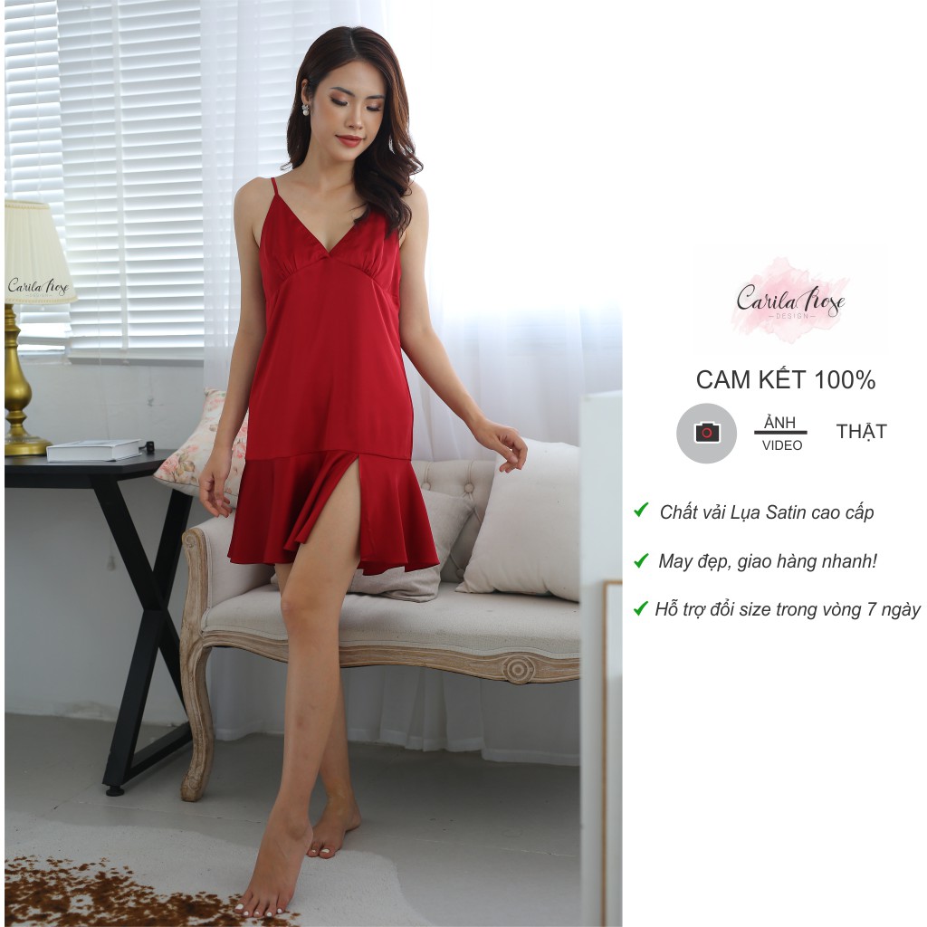 Váy ngủ lụa satin - [CARILA]-VN02- Váy ngủ được thiết kế kiểu chân xèo đuôi cá có xẻ tôn dáng, siêu mềm mịn thoáng mát