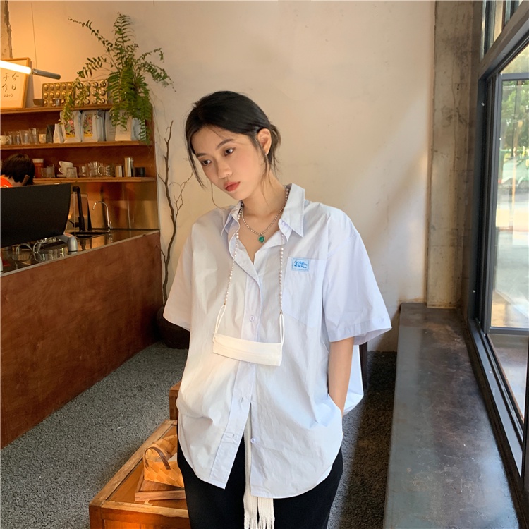Áo Sơ Mi Trắng Tay Ngắn Dáng Rộng Thời Trang Cho Nữ