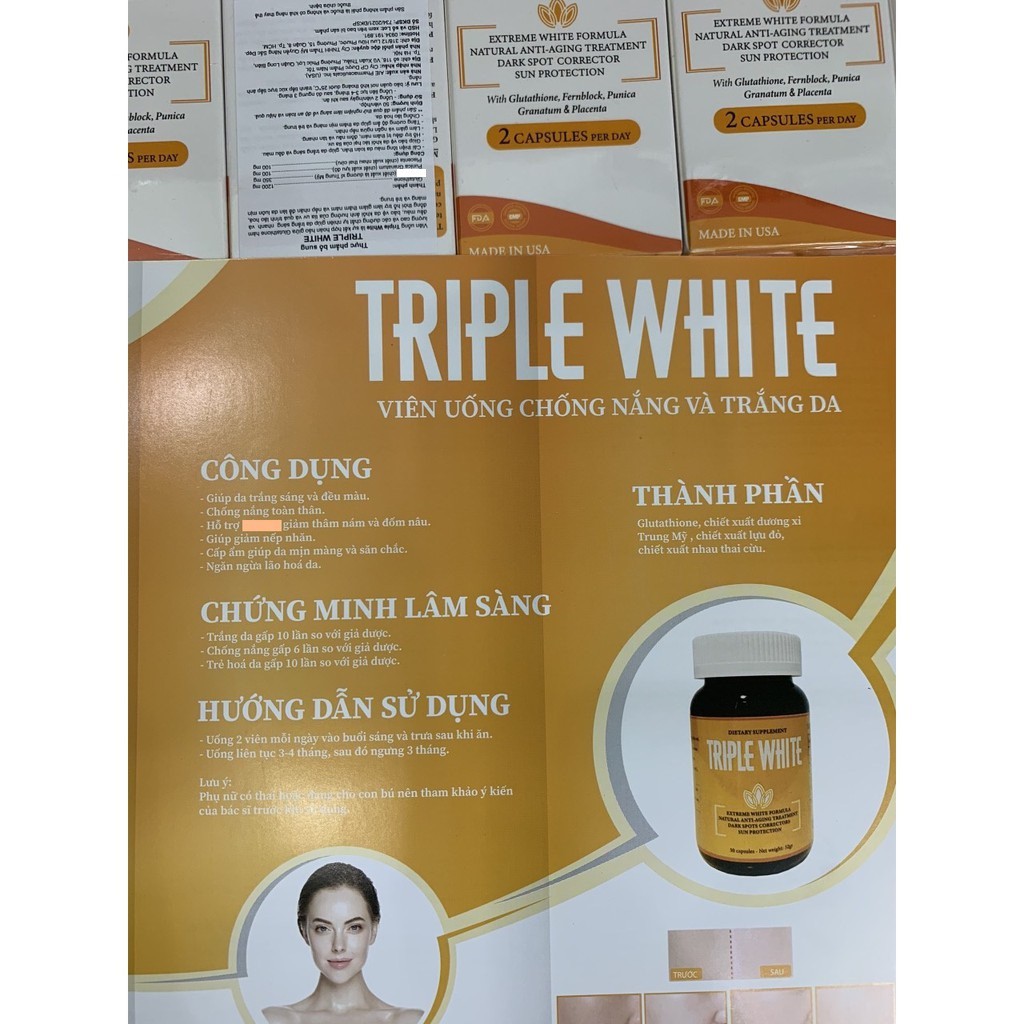 HÀNG NHẬP KHẨU - Viên Uống Trắng Sáng Da Chống Nắng Giảm Thâm Sạm Nám Chống Lão Hóa TRIPLE WHITE / MIRACLE Hộp 50 Viên